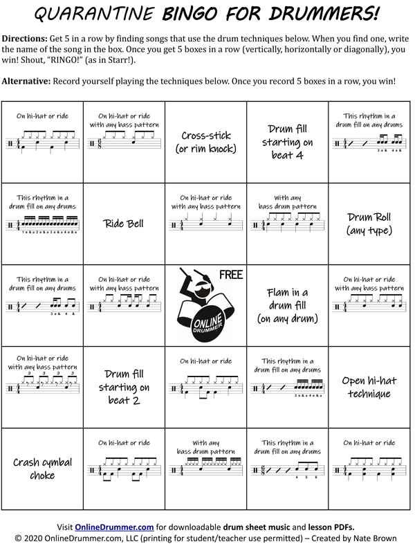 Quarantine BINGO for Drummers - Printable Worksheet for Students