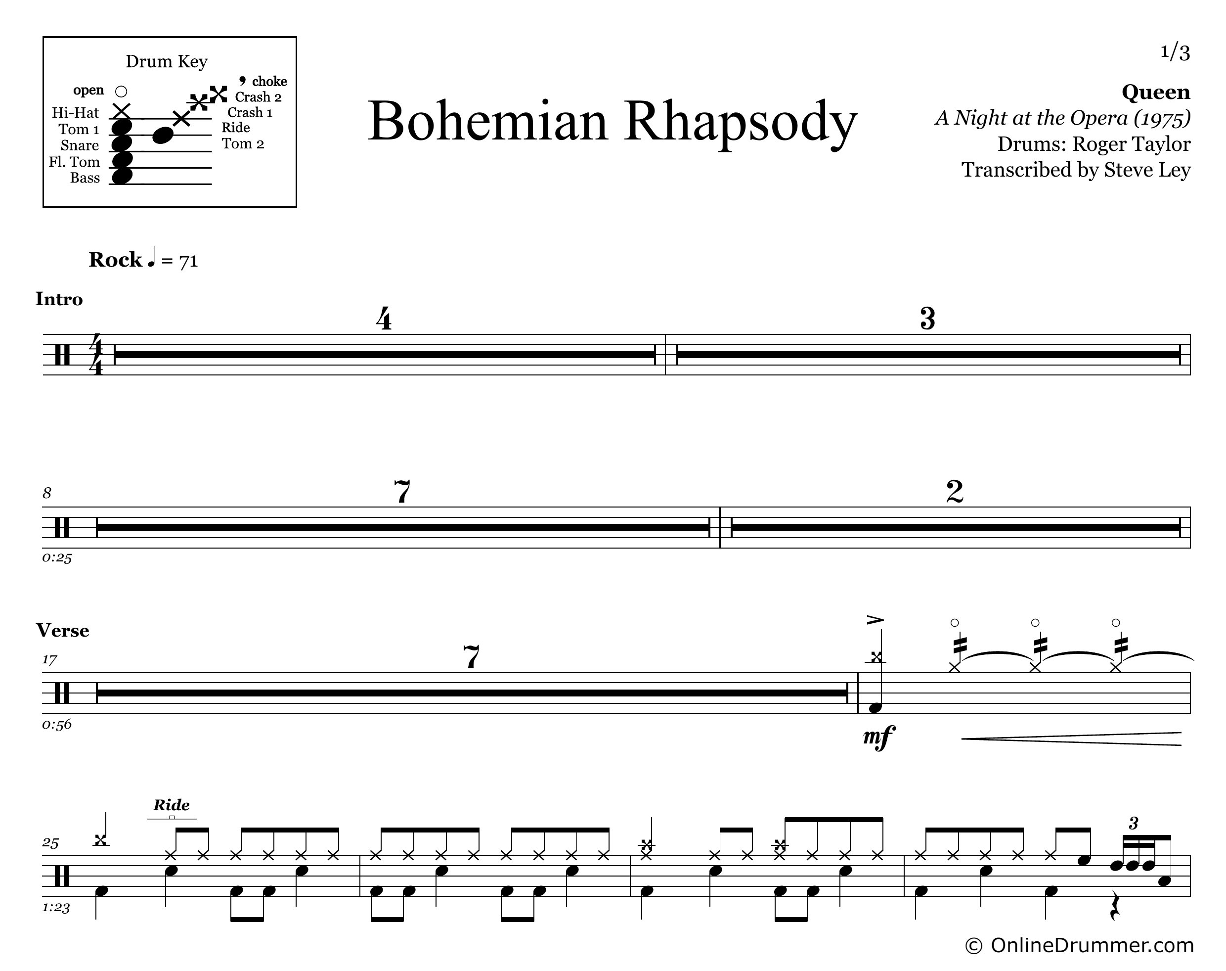 Bohemian Rhapsody - Queen - Drum Sheet Music