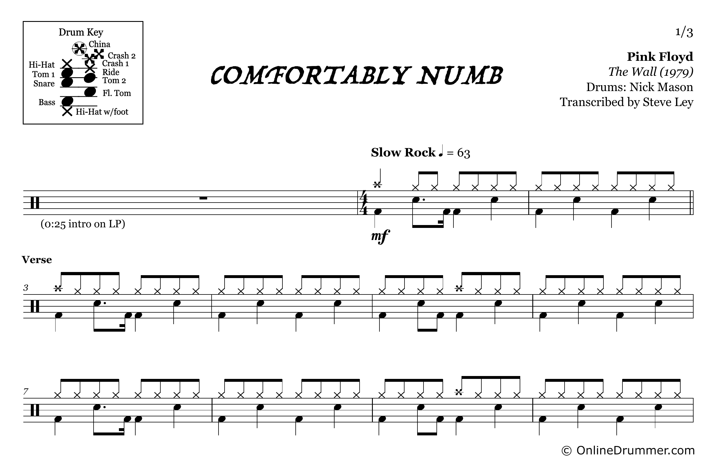 Comfortably Numb - Pink Floyd - Drum Sheet Music