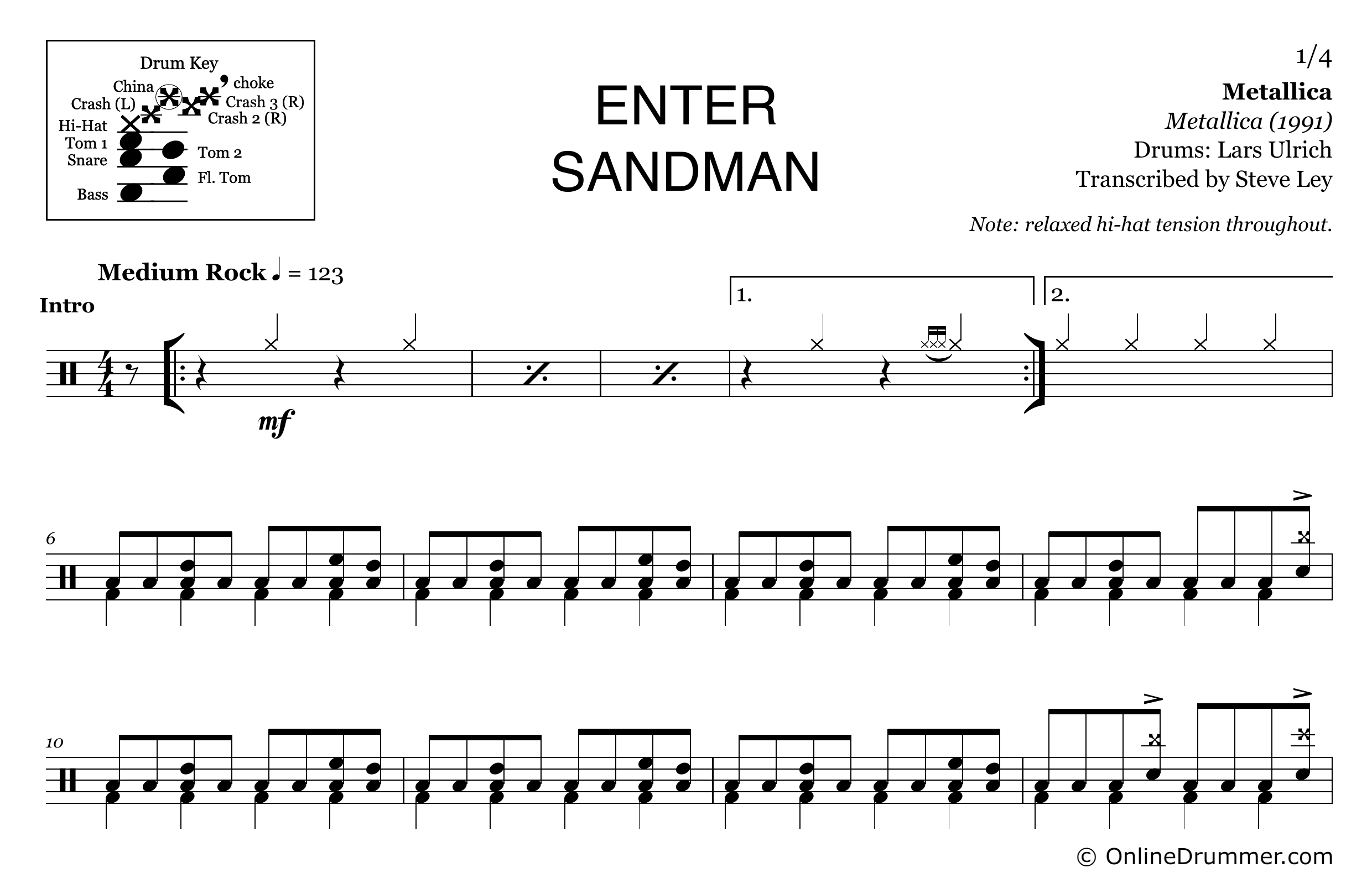 Enter Sandman - Metallica - Drum Sheet Music