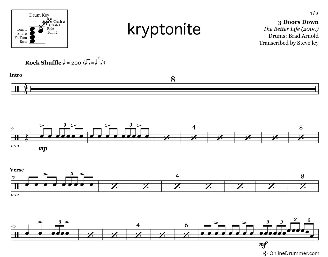 Kryptonite - 3 Doors Down - Drum Sheet Music