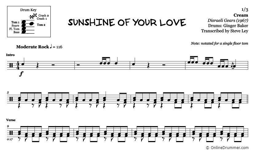 Sunshine of Your Love - Cream - Drum Sheet Music