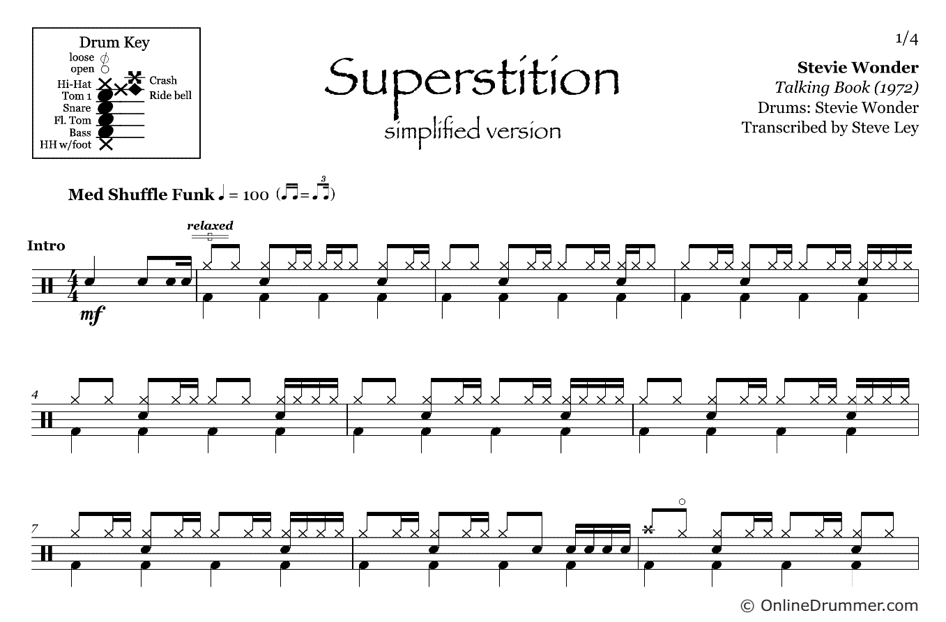 Superstition - Stevie Wonder - Drum Sheet Music (Simplified)