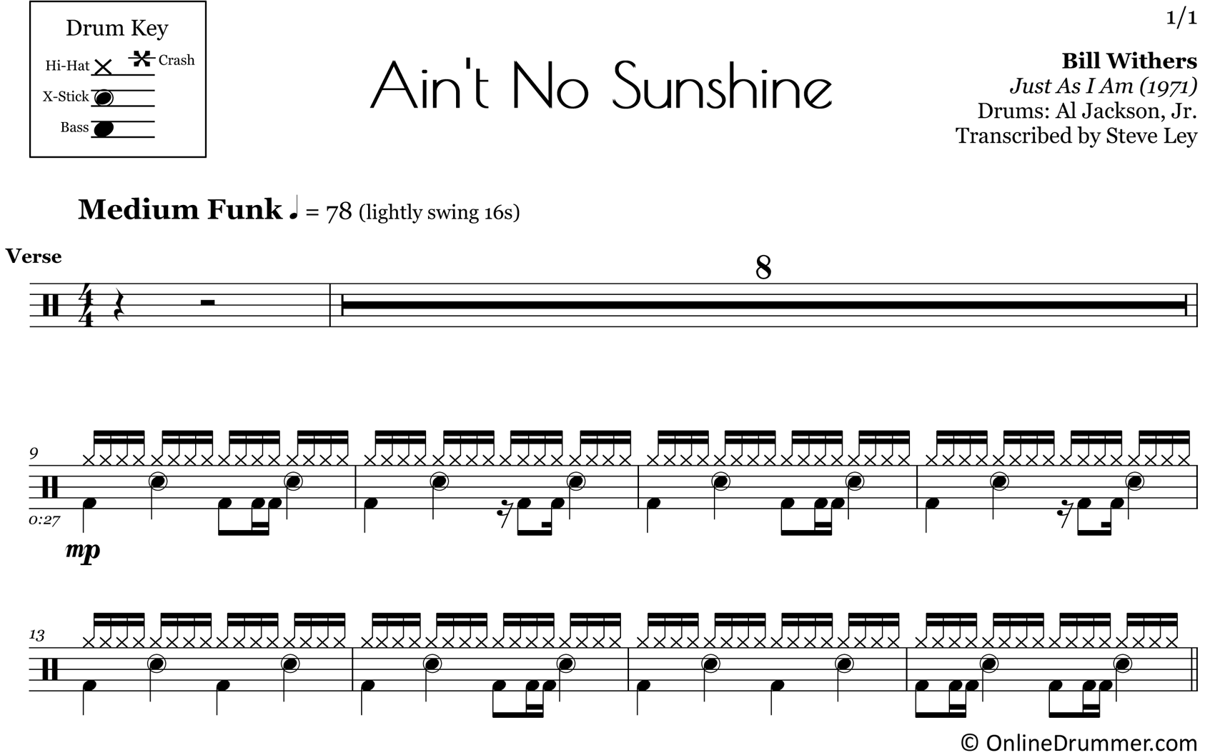 Ain't No Sunshine - Bill Withers - Drum Sheet Music