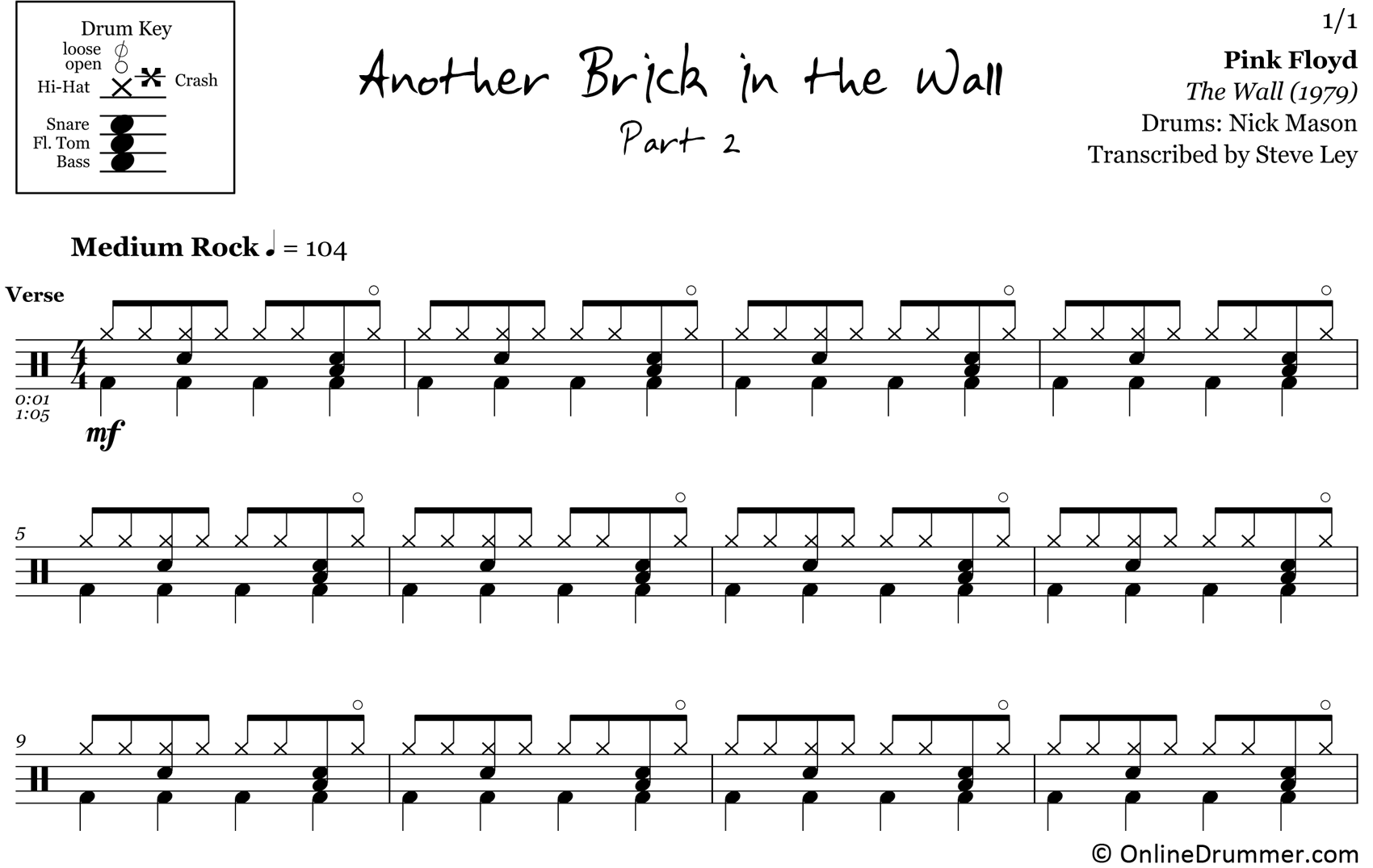 Another Brick in the Wall (Part 2) - Pink Floyd - Drum Sheet Music