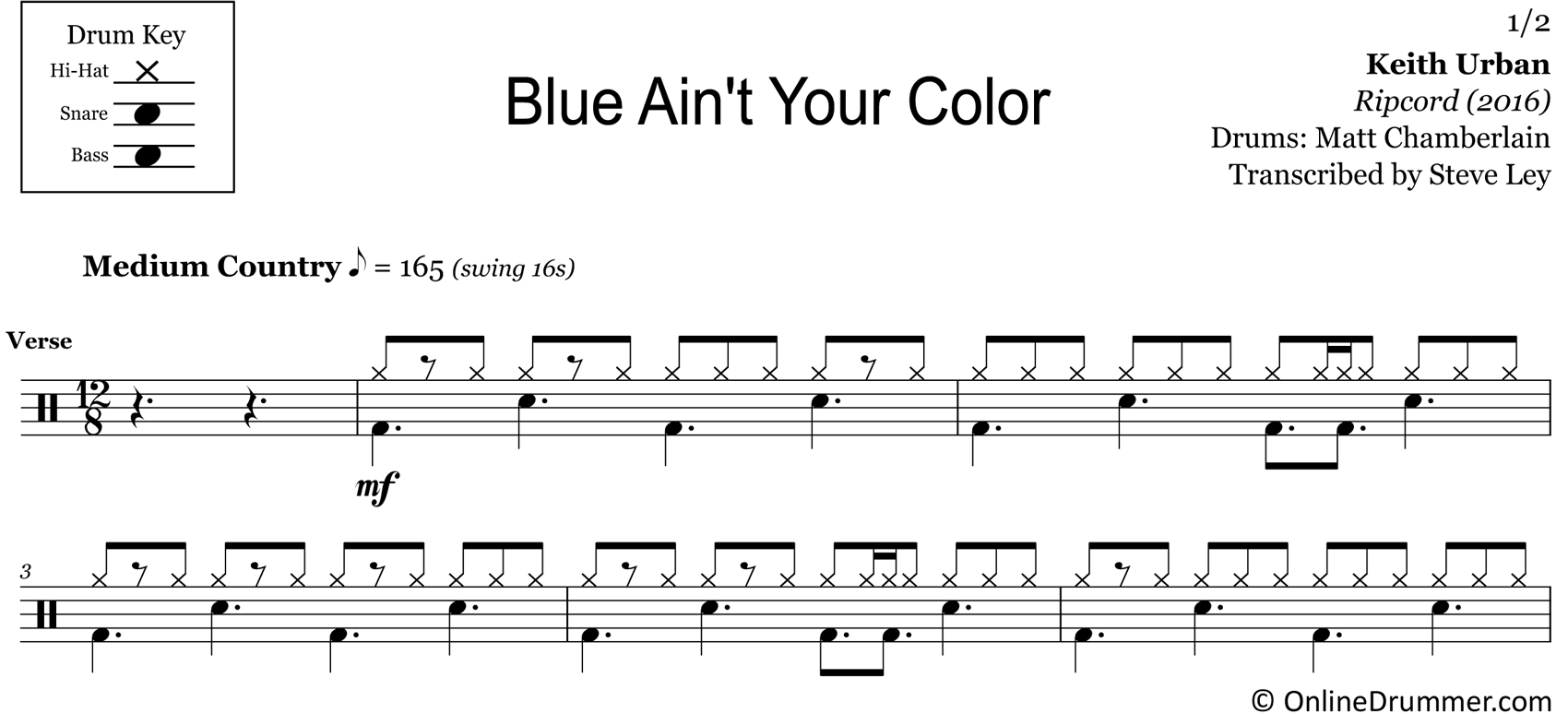 Blue Ain't Your Color - Keith Urban - Drum Sheet Music