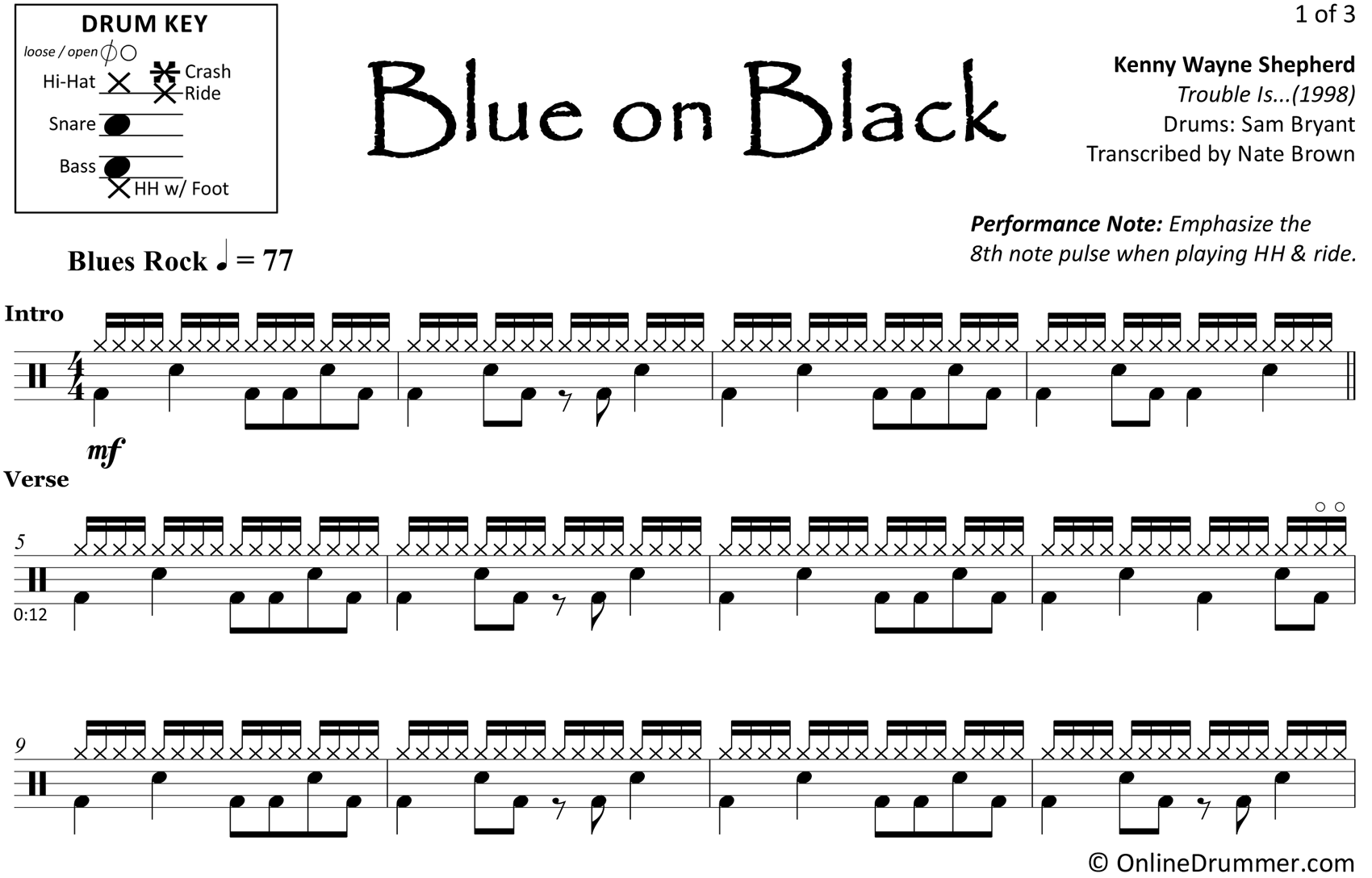 Blue on Black - Kenny Wayne Shepherd - Drum Sheet Music