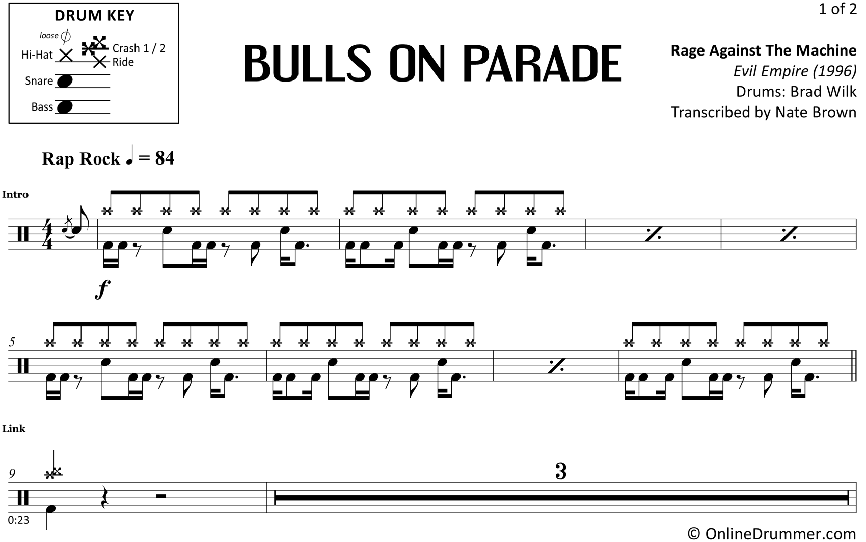 Bulls on Parade - Rage Against the Machine - Drum Sheet Music