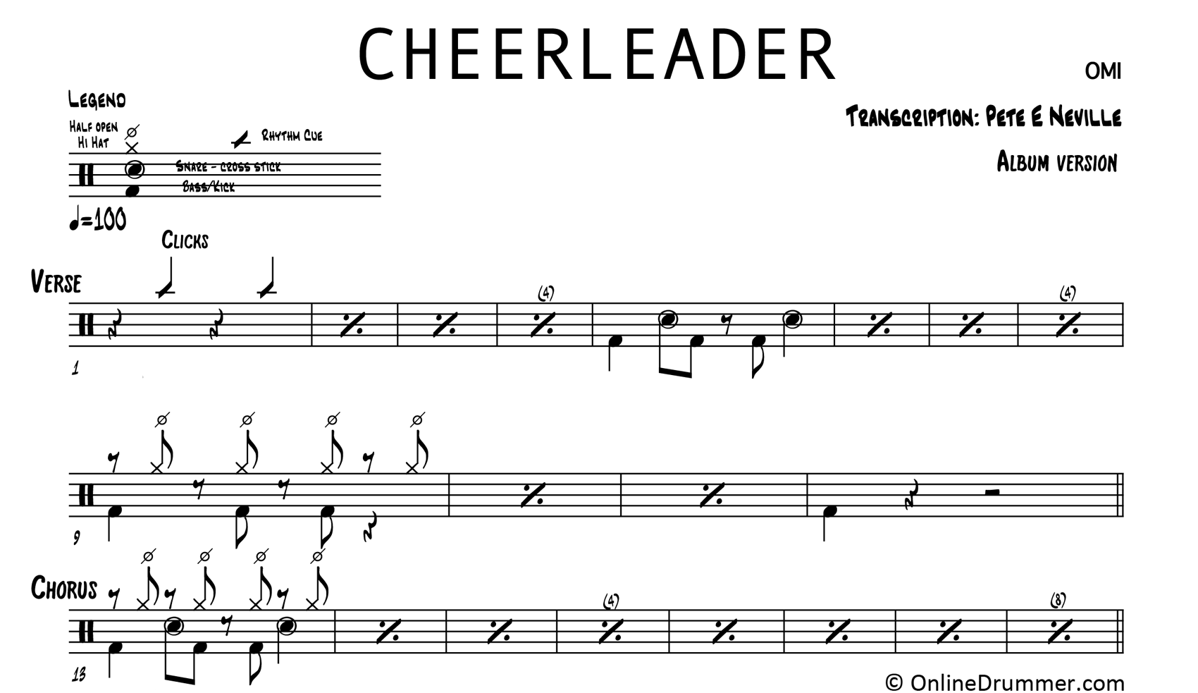 Cheerleader - OMI - Drum Sheet Music