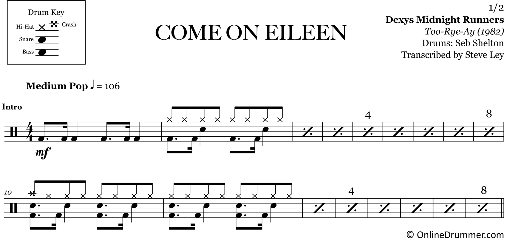 Come On Eileen - Dexys Midnight Runners - Drum Sheet Music