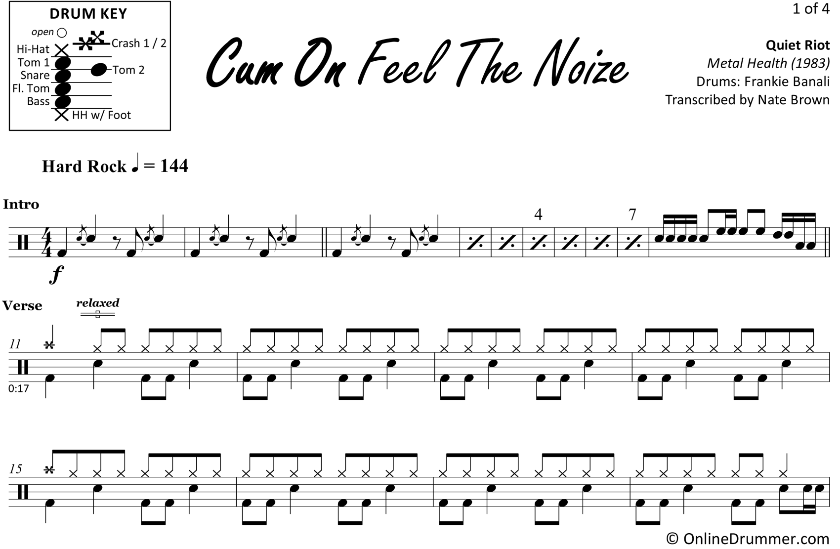 Cum On Feel The Noize - Quiet Riot - Drum Sheet Music