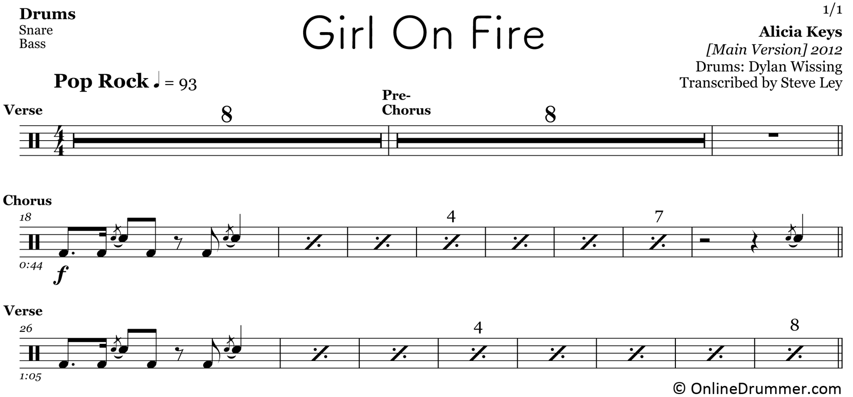 Girl On Fire - Alicia Keys - Drum Sheet Music