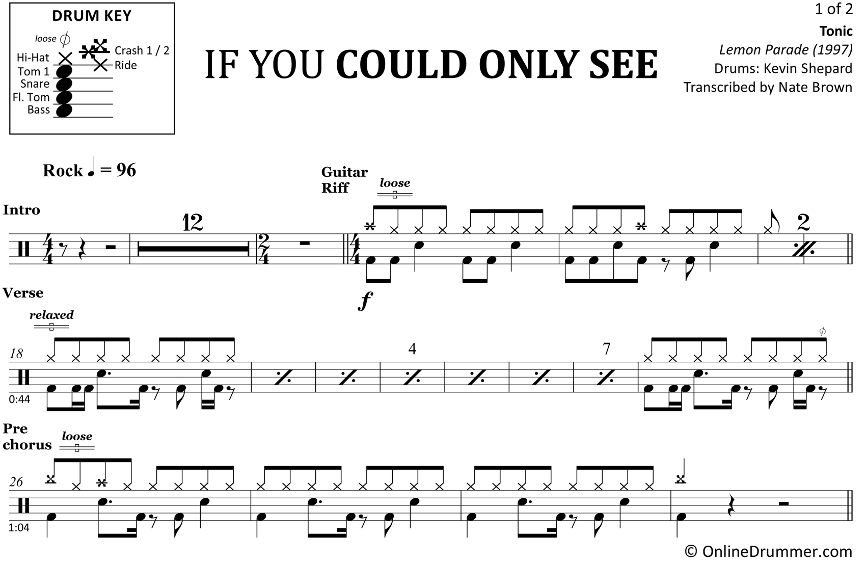 If You Could Only See - Tonic - Drum Sheet Music