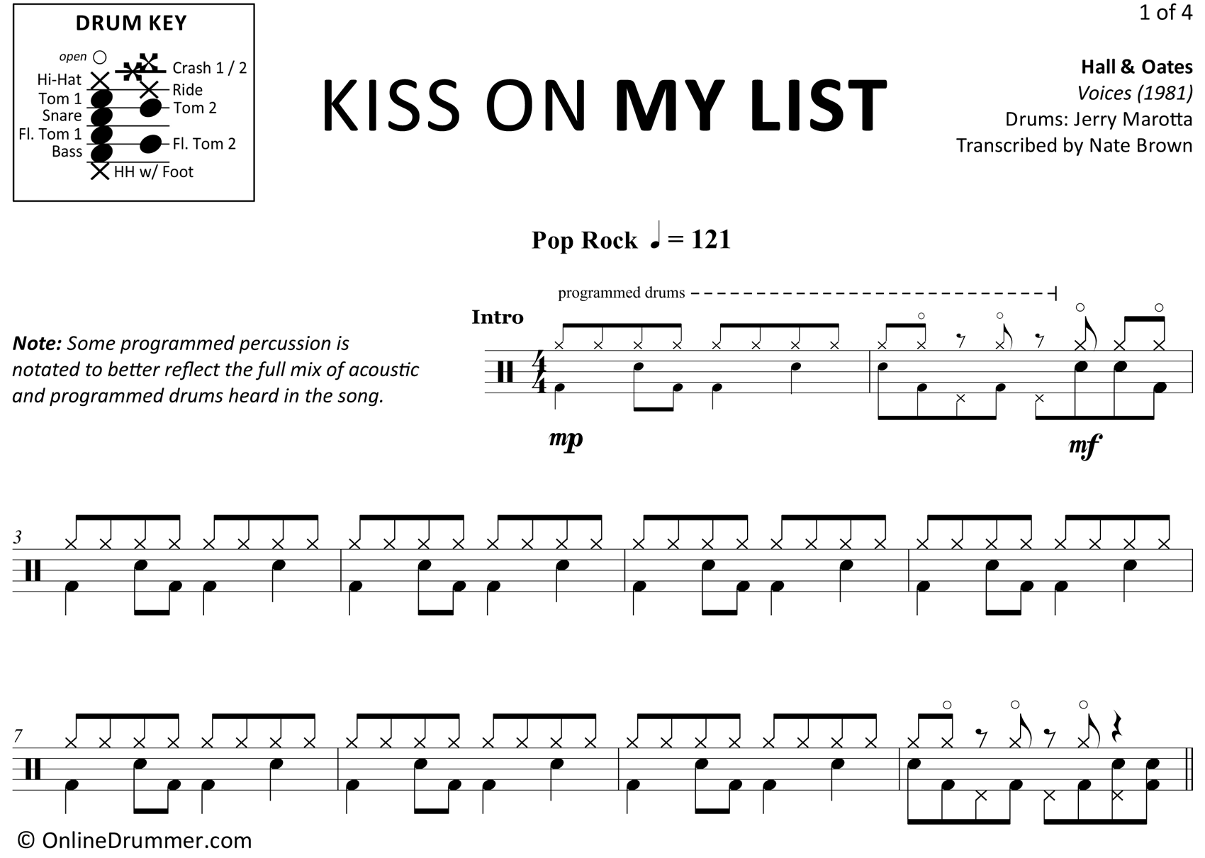 Kiss on My List - Hall and Oates - Drum Sheet Music