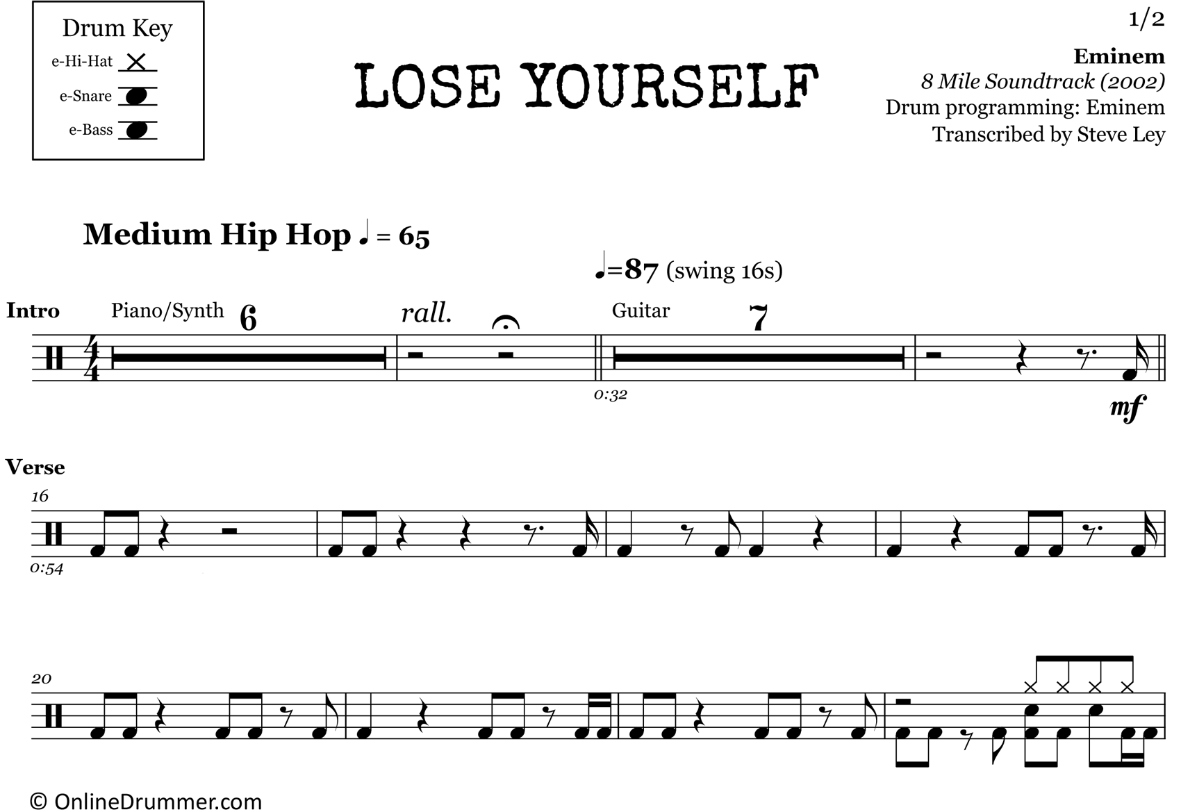 Lose Yourself - Eminem - Drum Sheet Music