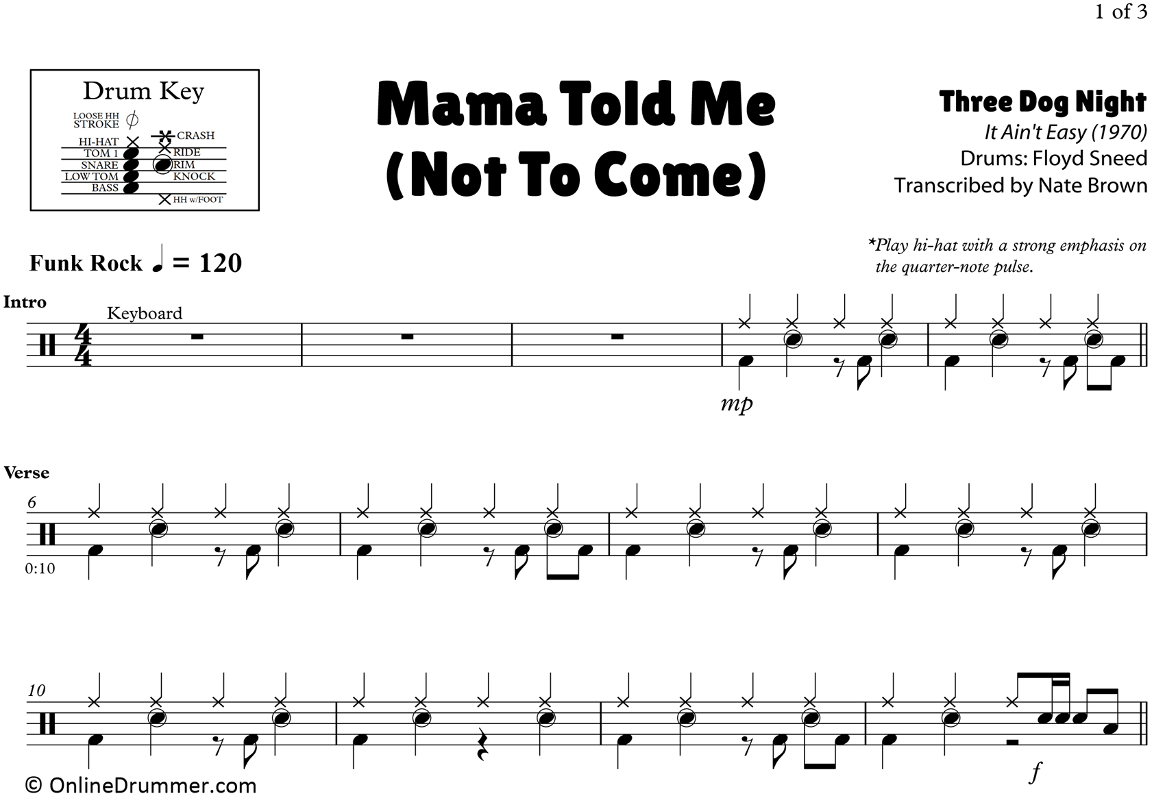 Mama Told Me (Not To Come) - Three Dog Night - Drum Sheet Music