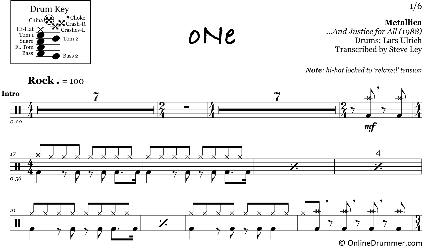 One - Metallica - Drum Sheet Music