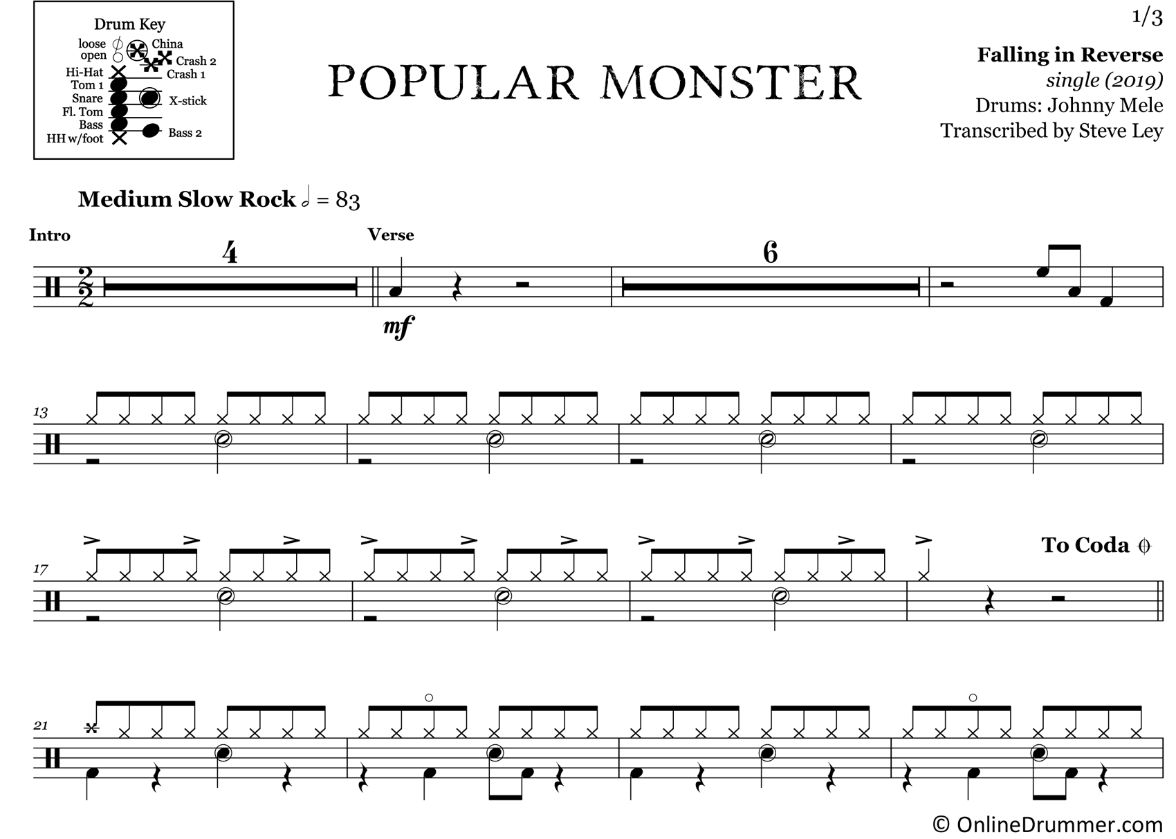 Popular Monster - Falling in Reverse - Drum Sheet Music