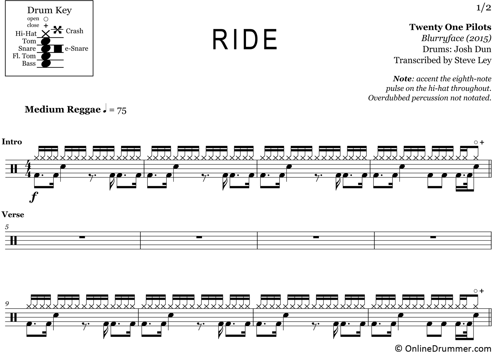 Ride - Twenty One Pilots - Drum Sheet Music