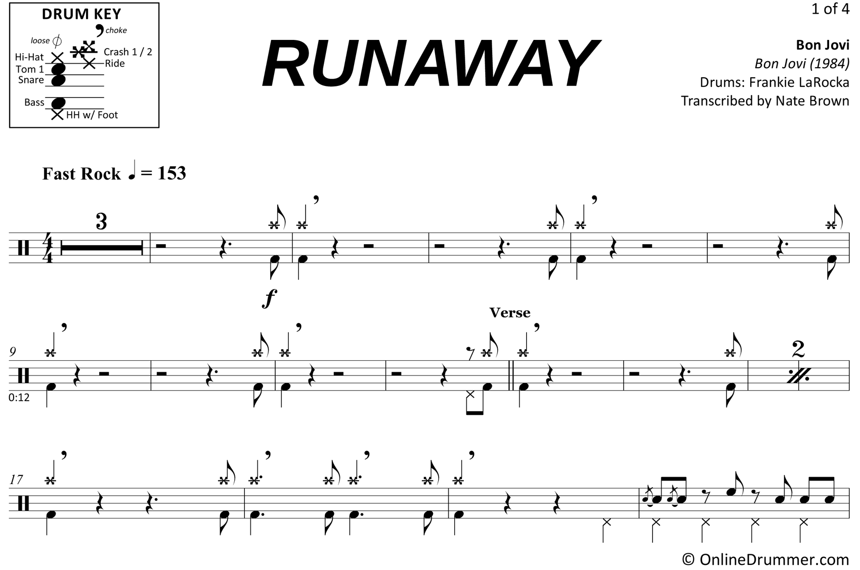 Runaway - Bon Jovi - Drum Sheet Music