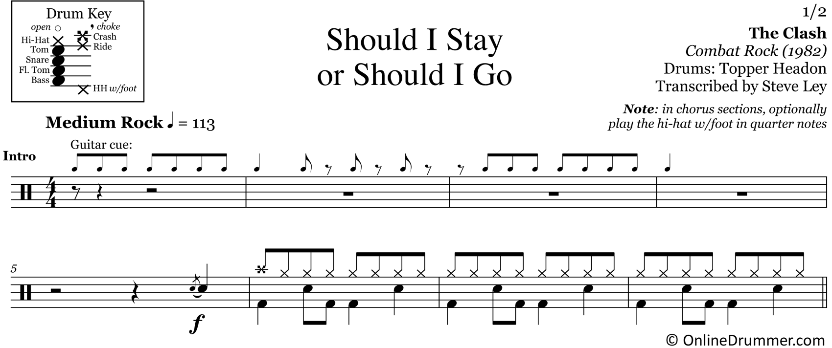 Should I Stay Or Should I Go - The Clash - Drum Sheet Music