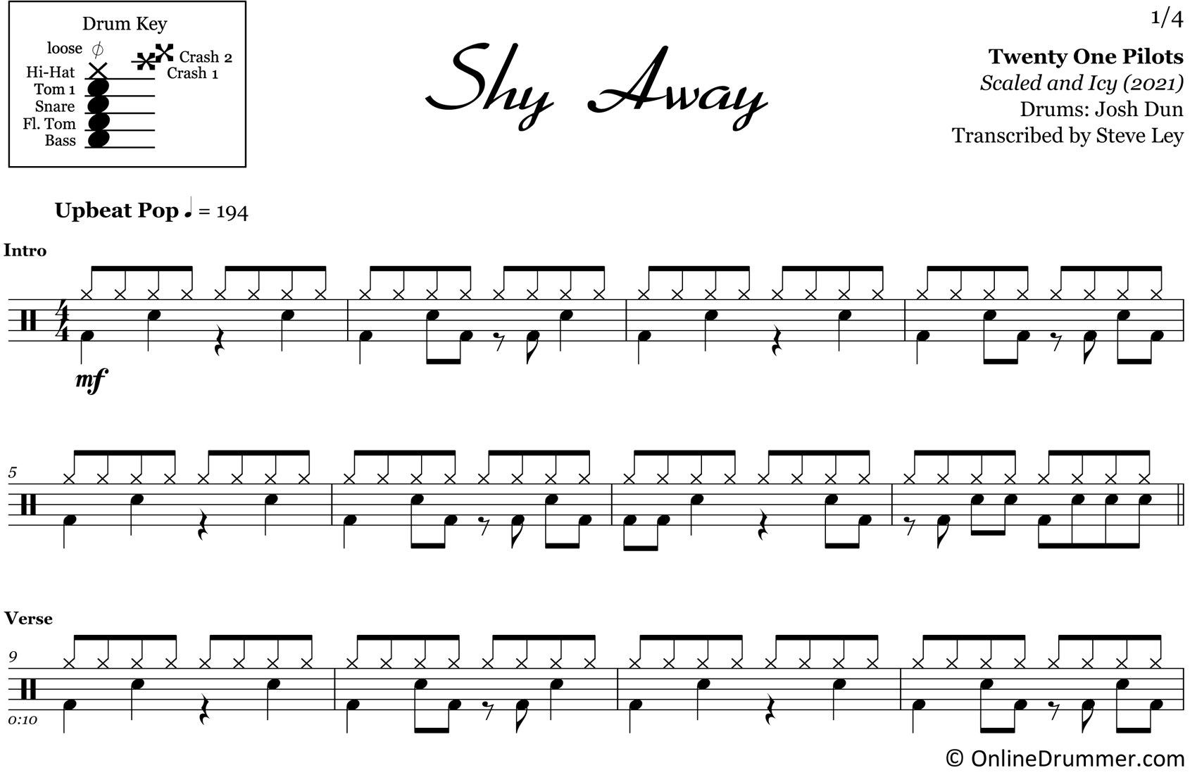 Shy Away - Twenty One Pilots - Drum Sheet Music