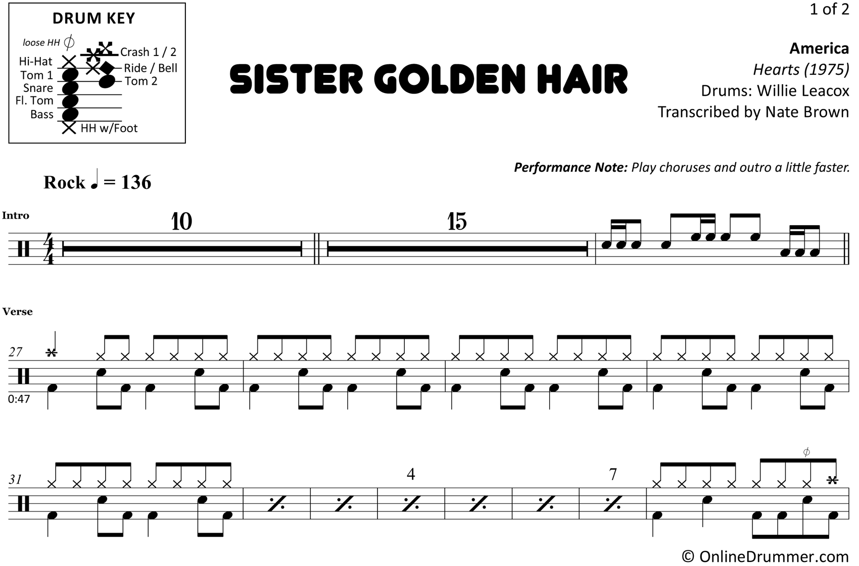 Sister Golden Hair - America - Drum Sheet Music