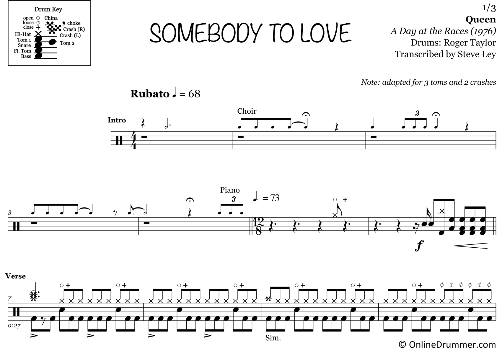 Somebody To Love - Queen - Drum Sheet Music