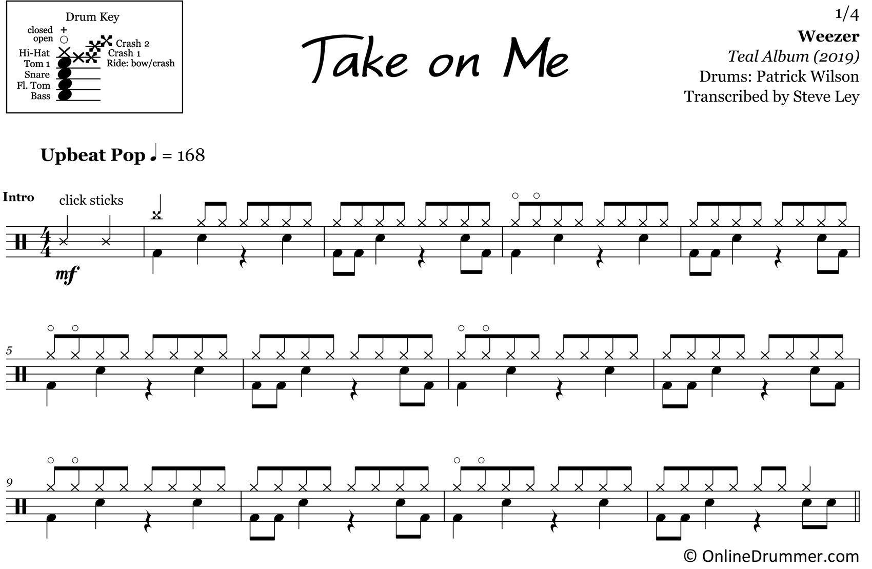 Take on Me - Weezer - Drum Sheet Music