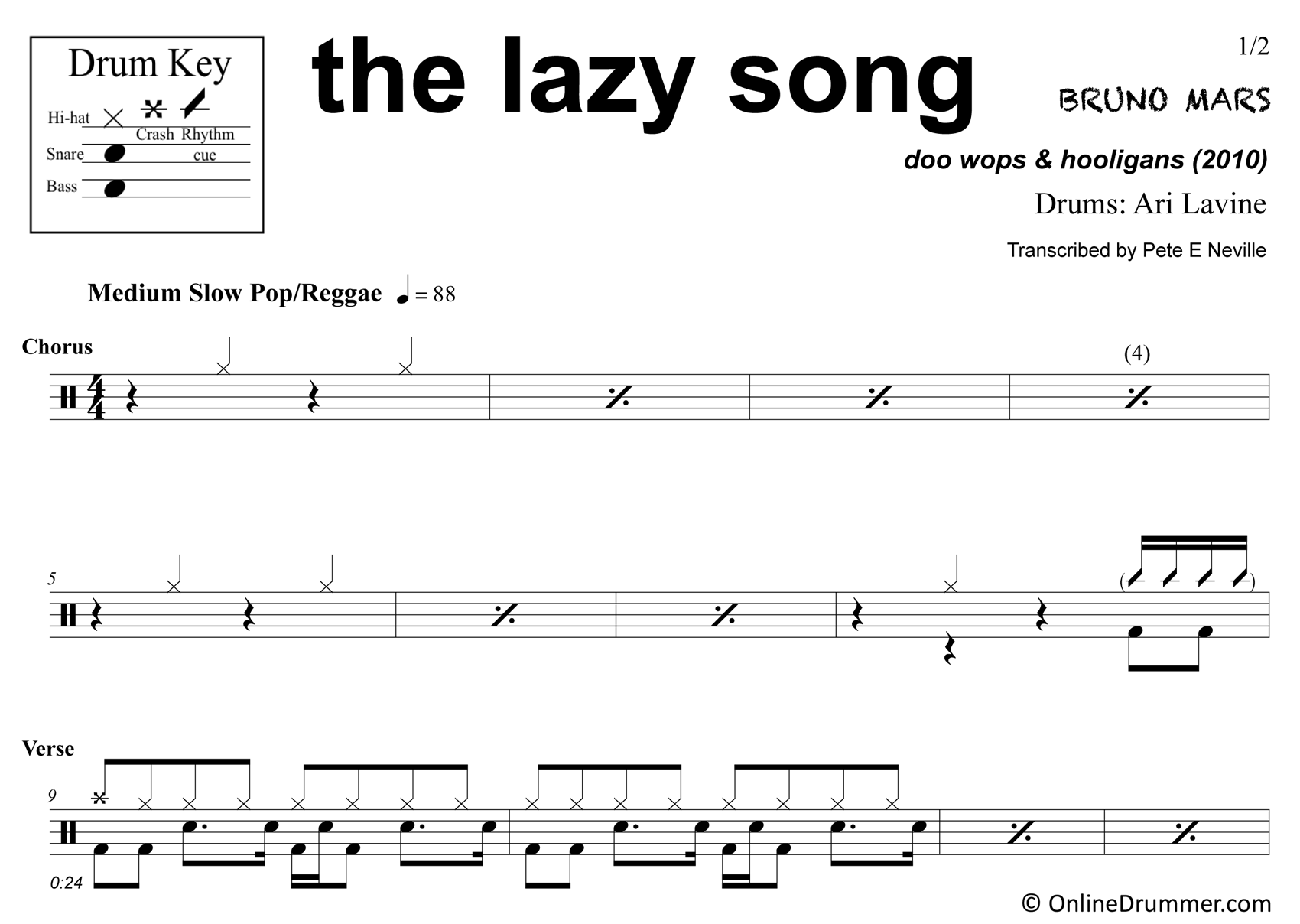 The Lazy Song - Bruno Mars - Drum Sheet Music