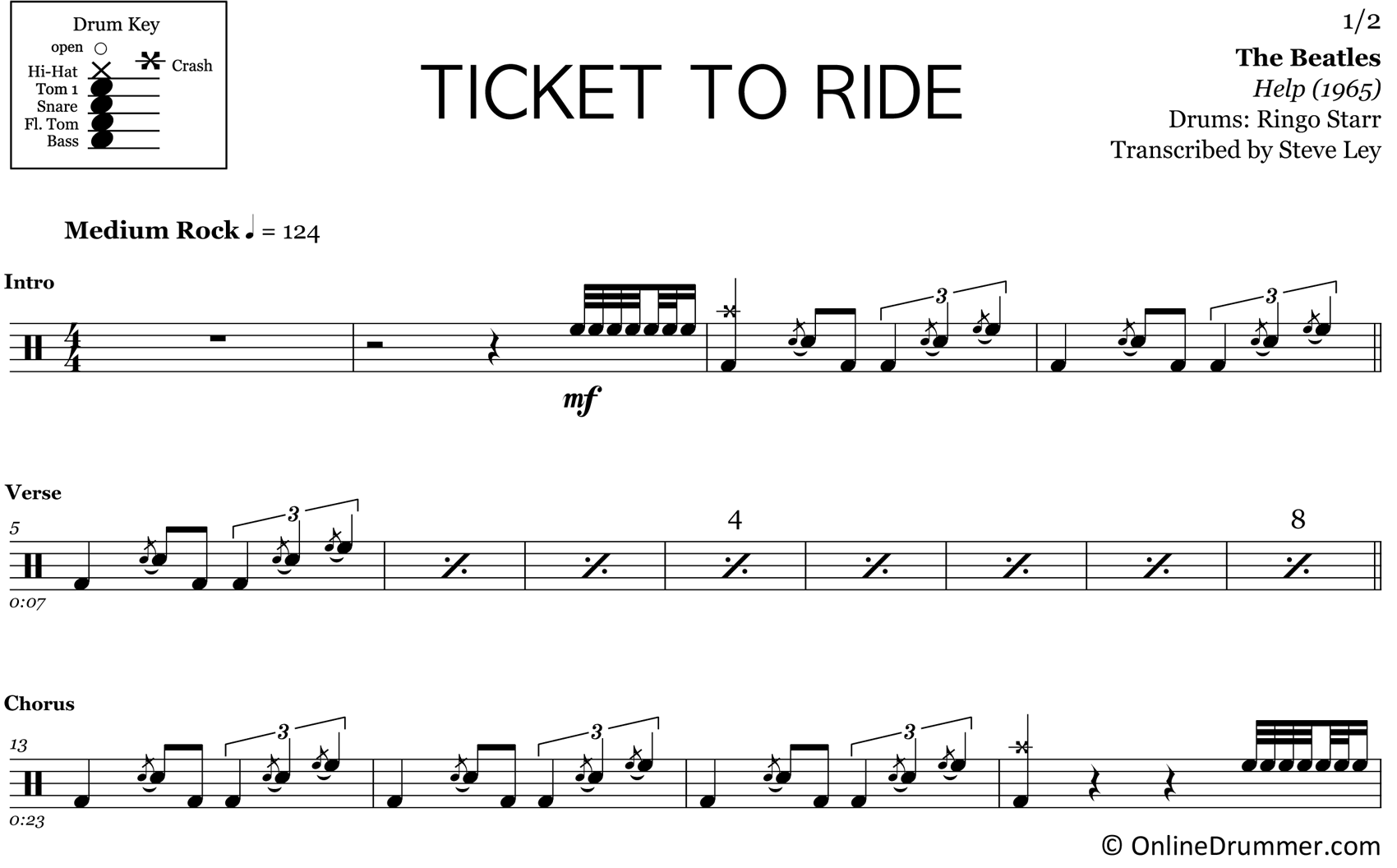 Ticket To Ride - The Beatles - Drum Sheet Music