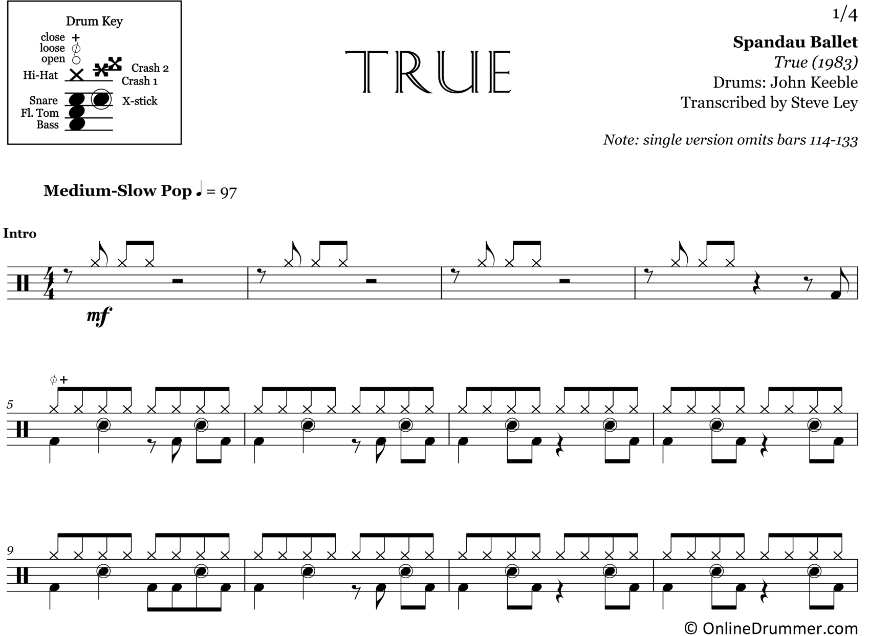 True - Spandau Ballet - Drum Sheet Music