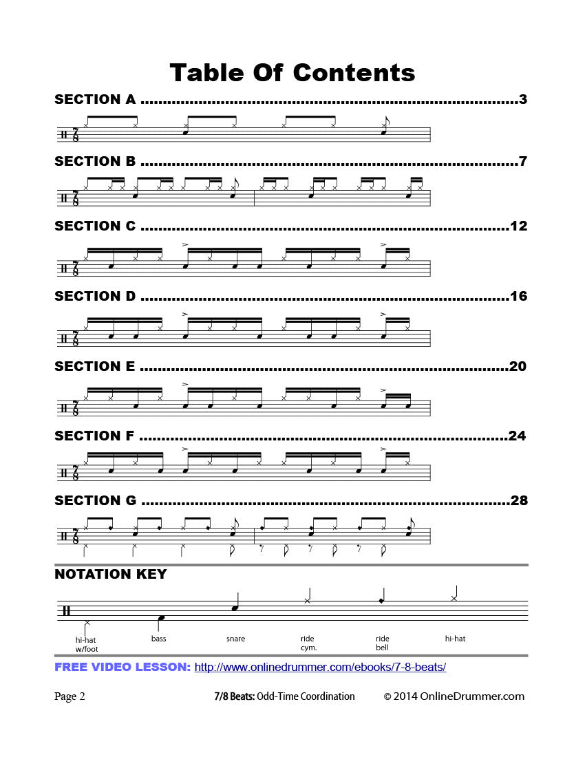Table of contents for the "7/8 Beats: Odd-time Coordination" ebook.