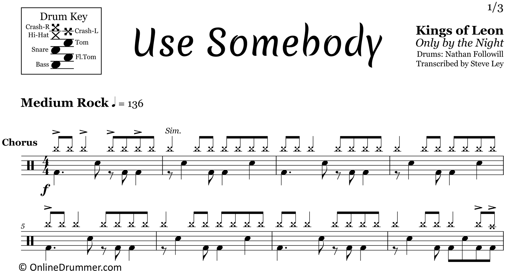 Use Somebody - Kings of Leon - Drum Sheet Music