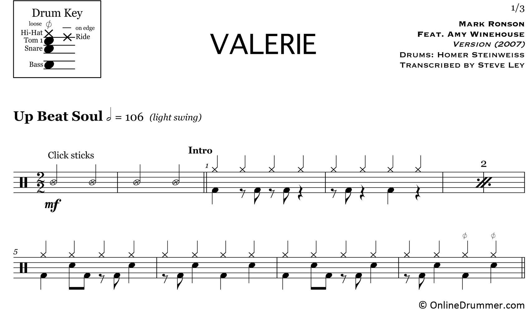 Valerie - Mark Ronson feat. Amy Winehouse - Drum Sheet Music