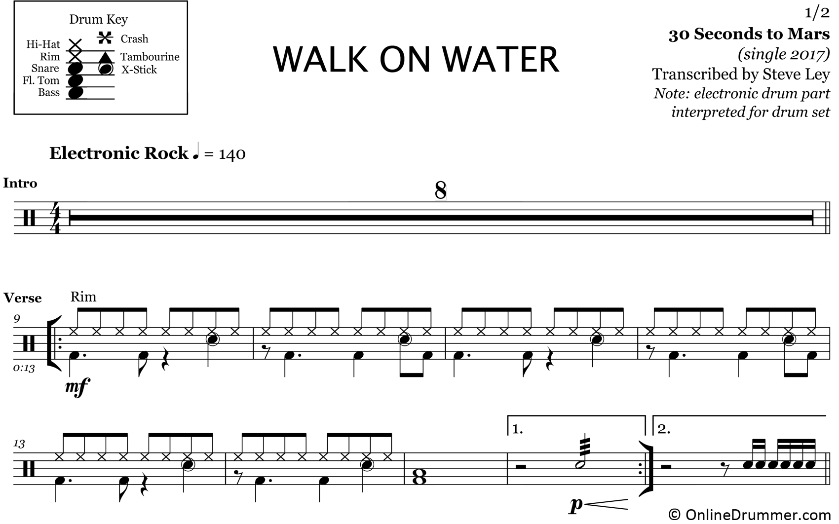 Walk on Water - 30 Seconds to Mars - Drum Sheet Music