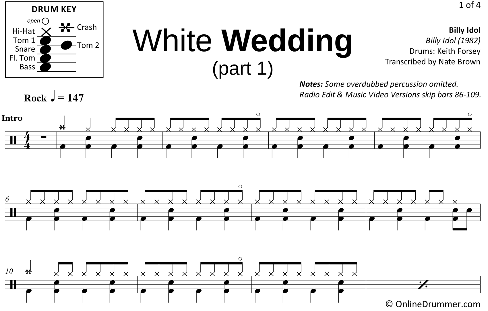 White Wedding (Part 1) - Billy Idol - Drum Sheet Music