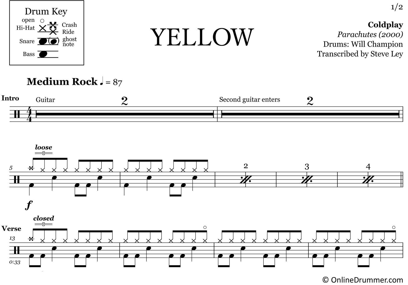 Yellow - Coldplay - Drum Sheet Music