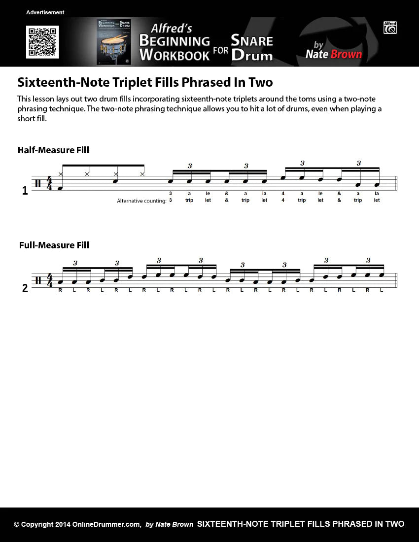 Sixteenth-Note Triplet Drum Fill Phrased In Two