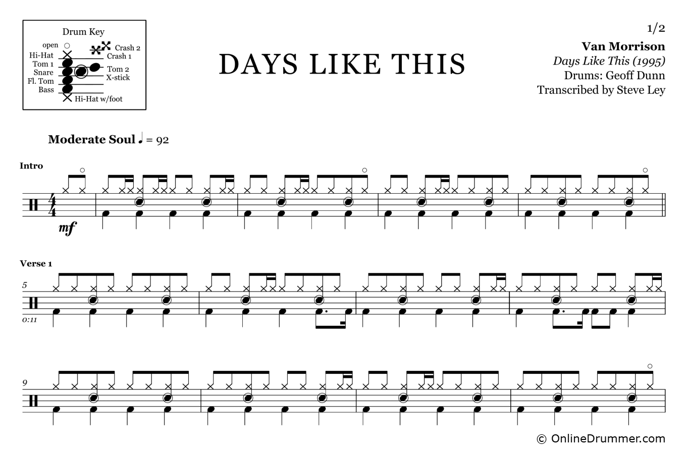 Days Like This - Van Morrison - Drum Sheet Music