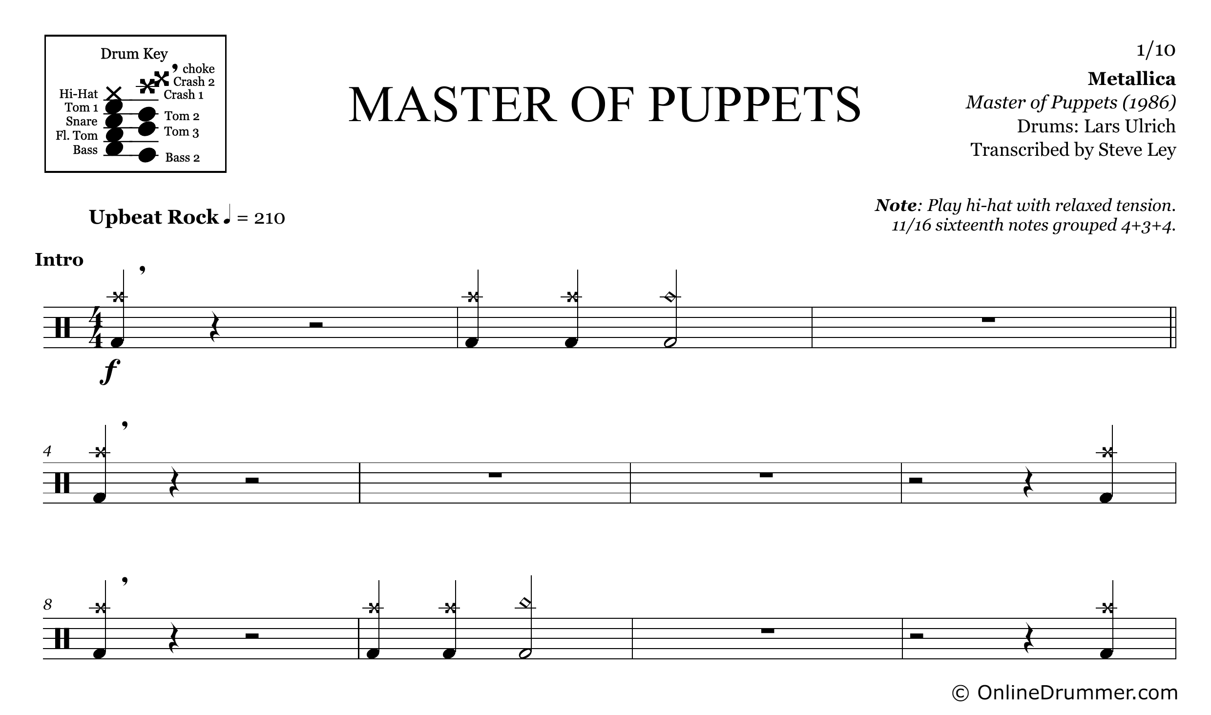 Master of Puppets - Metallica - Drum Sheet Music