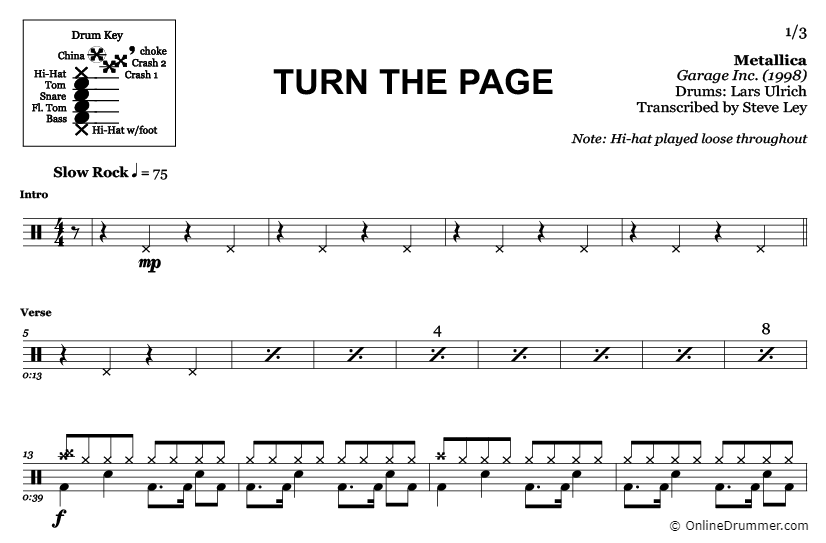 Turn The Page - Metallica - Drum Sheet Music