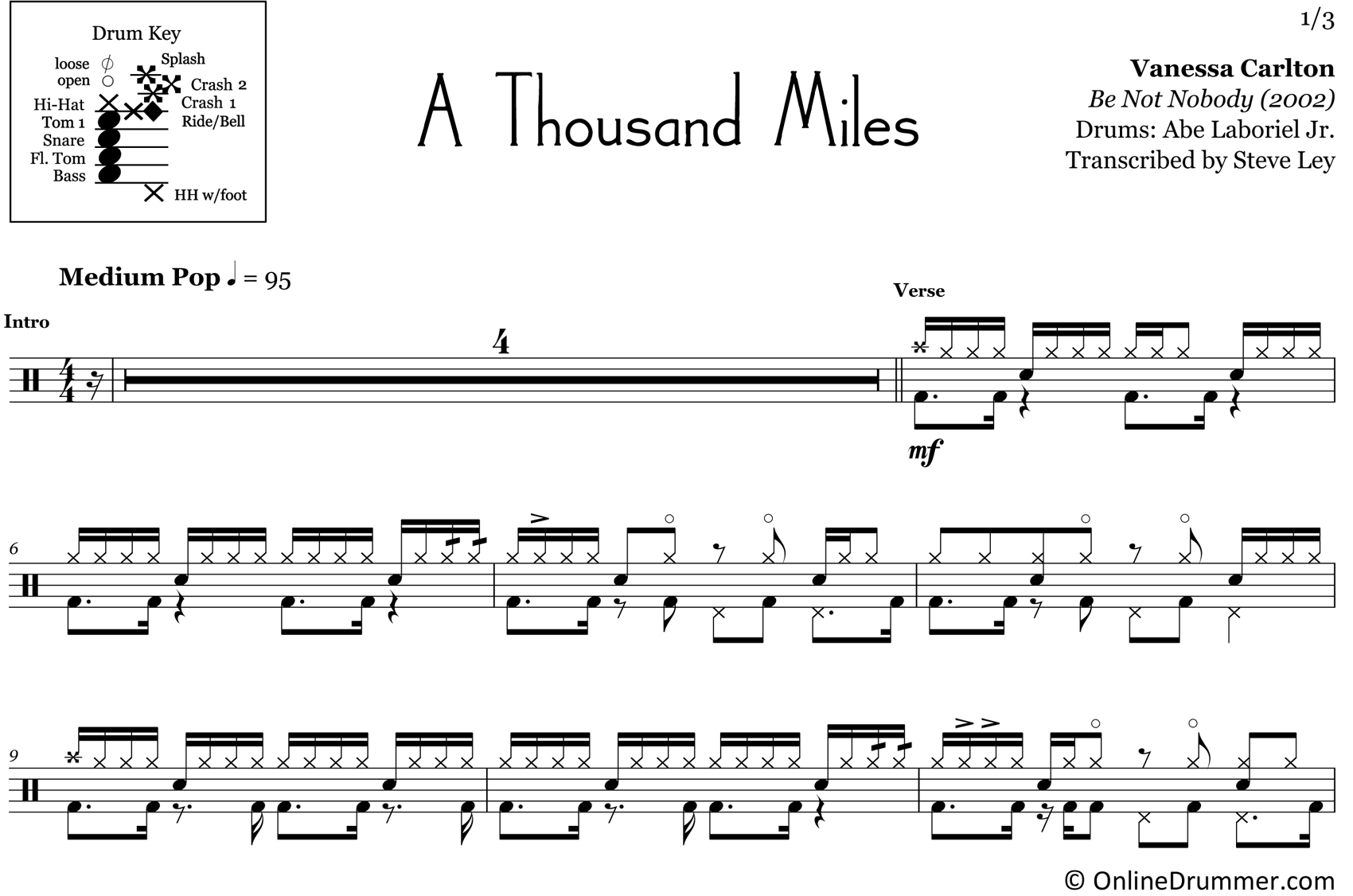 A Thousand Miles - Vanessa Carlton - Drum Sheet Music
