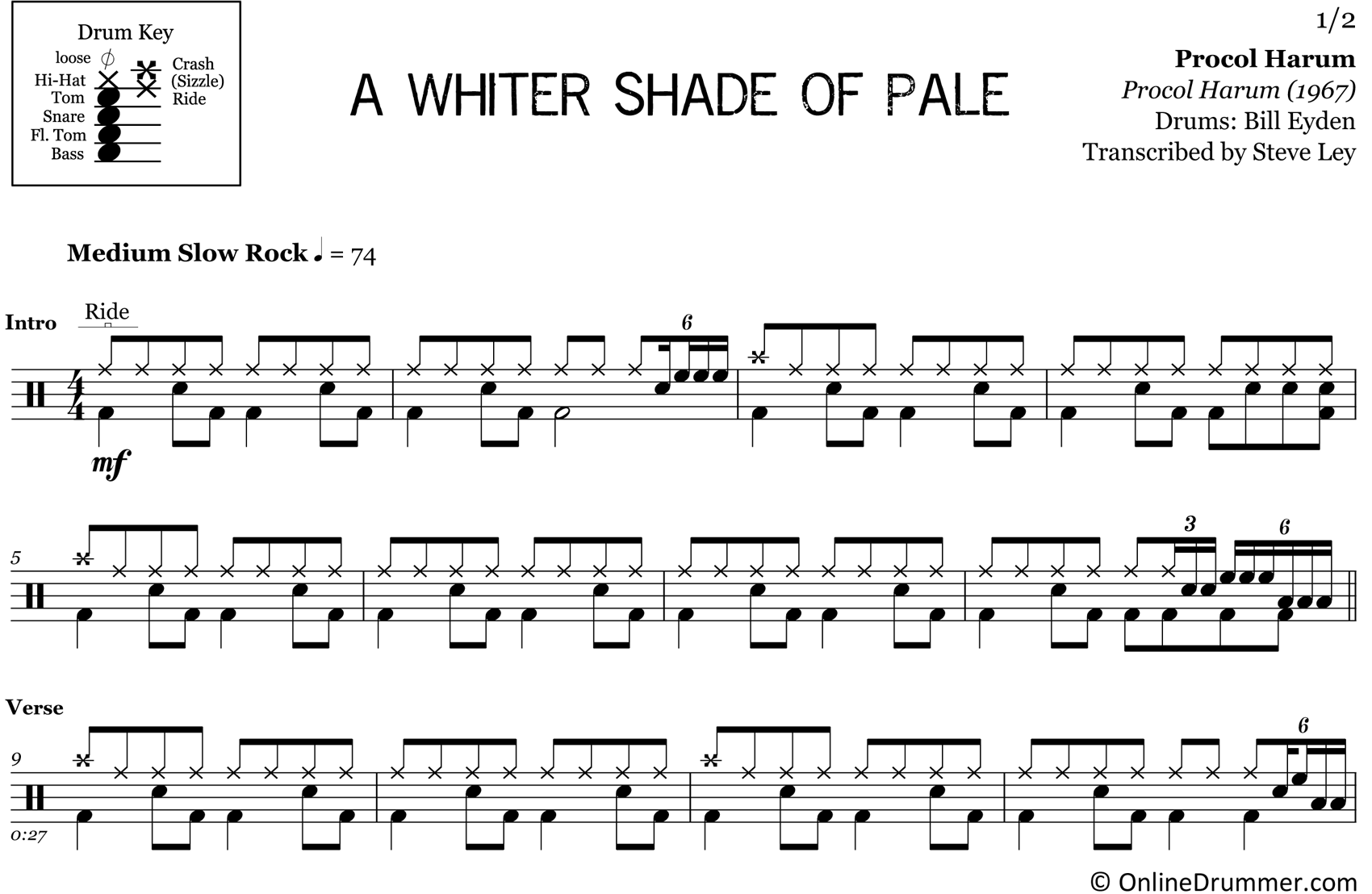A Whiter Shade Of Pale - Procol Harum - Drum Sheet Music