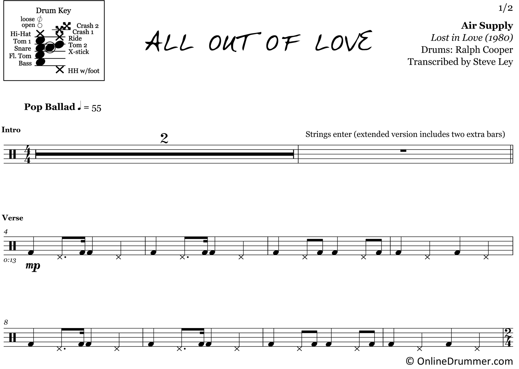 All Out of Love - Air Supply - Drum Sheet Music