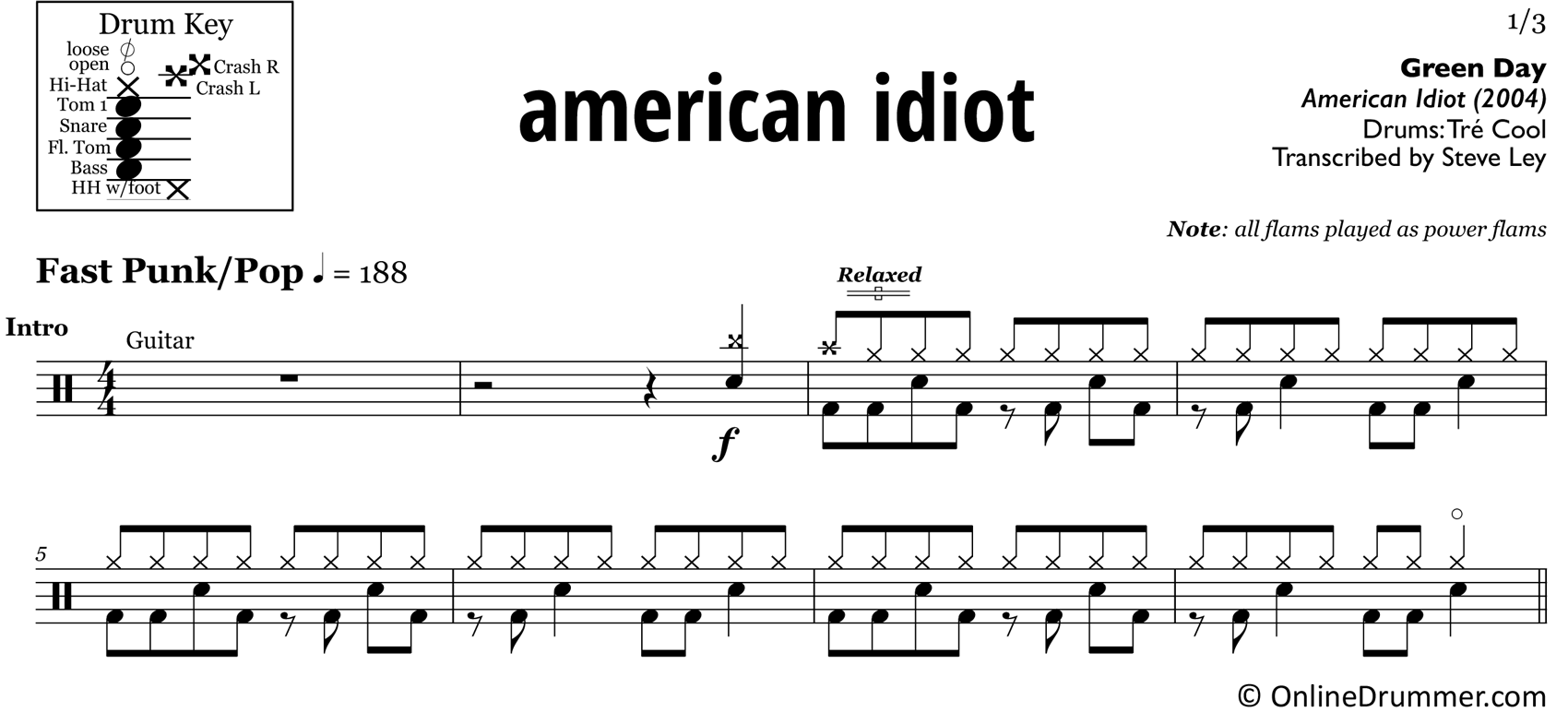 American Idiot - Green Day - Drum Sheet Music