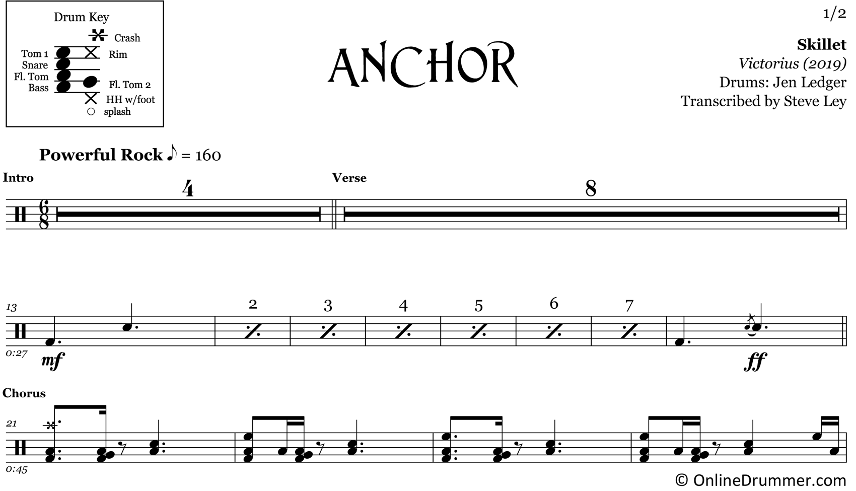Anchor - Skillet - Drum Sheet Music