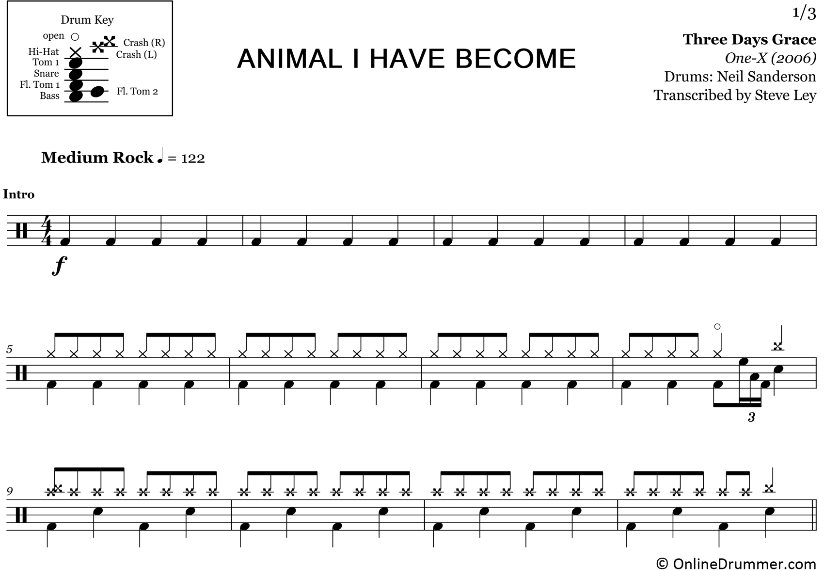 Animal I Have Become - Three Days Grace - Drum Sheet Music
