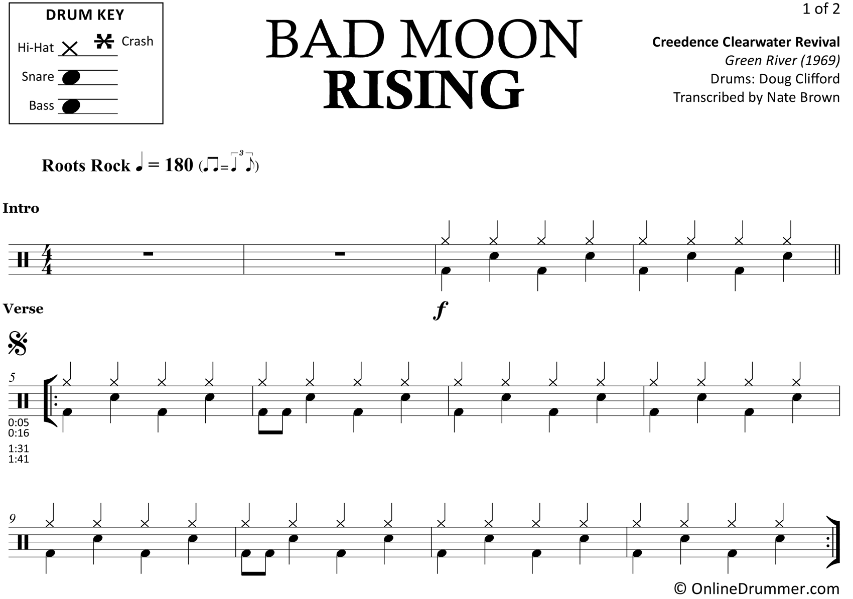 Bad Moon Rising - Creedence Clearwater Revival - Drum Sheet Music