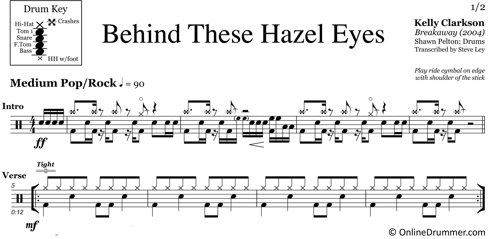 Behind These Hazel Eyes - Kelly Clarkson - Drum Sheet Music